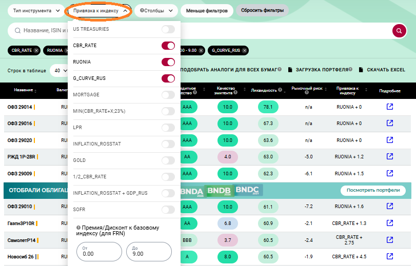 Фильтр "Привязка к индексу"